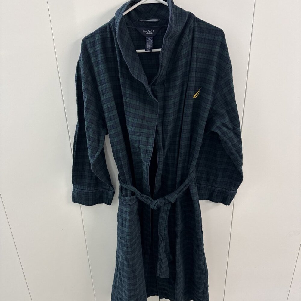 Nautica Sleepwear Large Blue Green Plaid Flannel Robe Pockets Belt 100%‎ Cotton